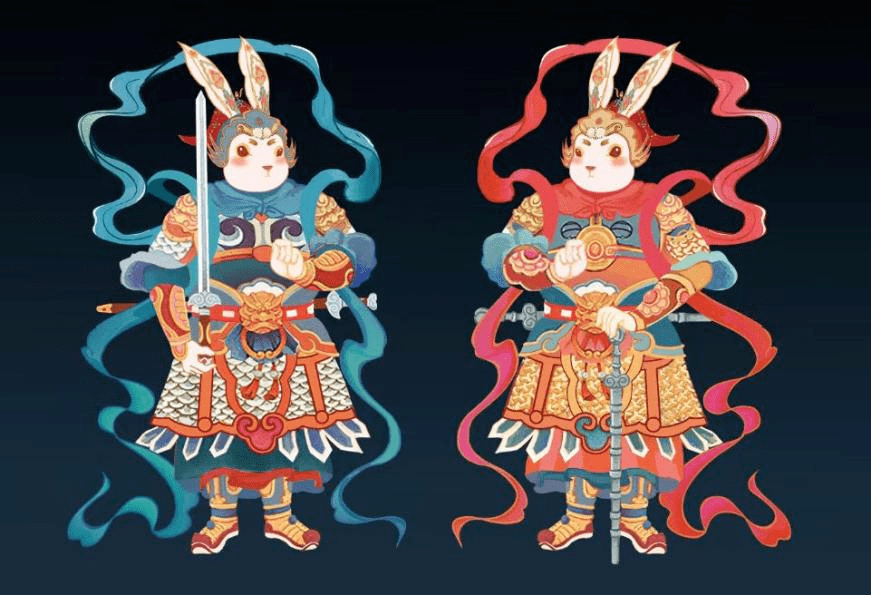 这两只兔门神以将军秦叔宝与尉迟恭为原型,换以灵气可爱的兔脸人身