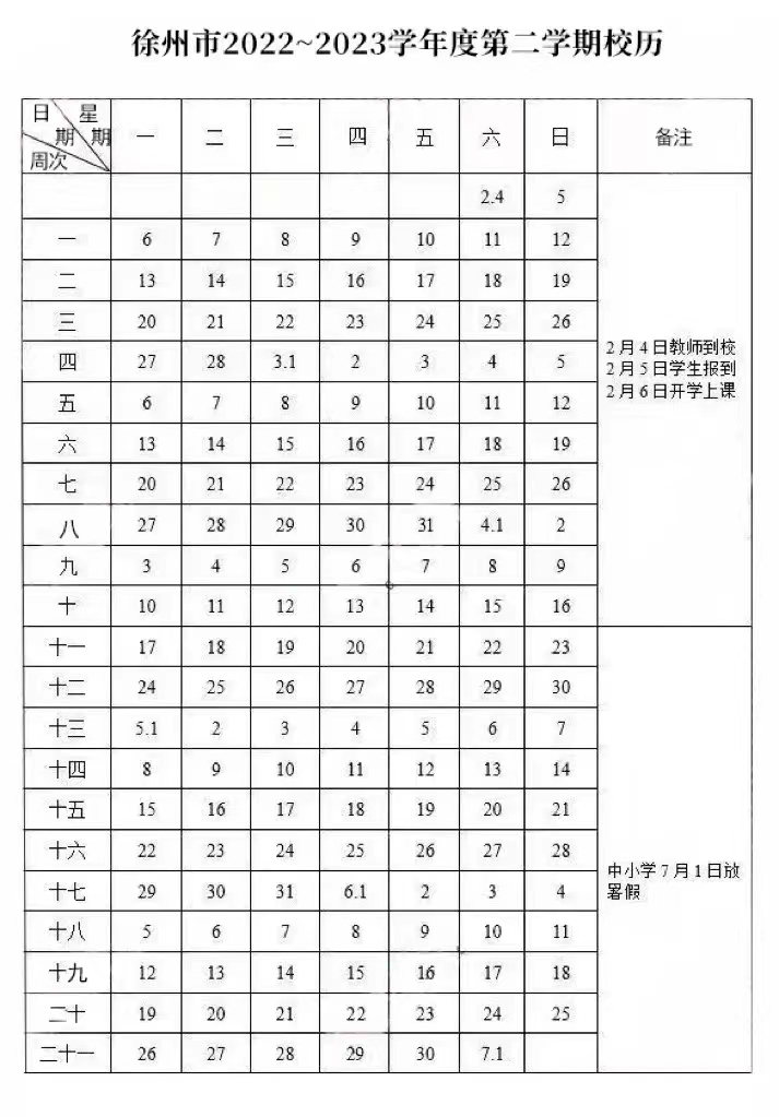 徐州市2022-2023学年度第二学期校历