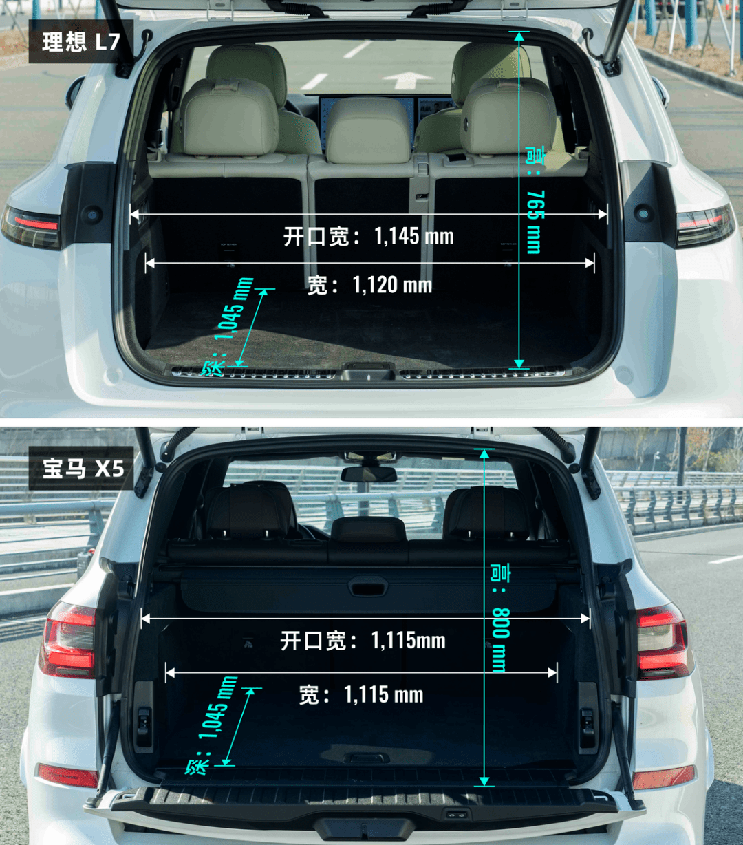 后备箱的实际空间上,理想 l7 和宝马 x5 的差异并不明显,无论是运输
