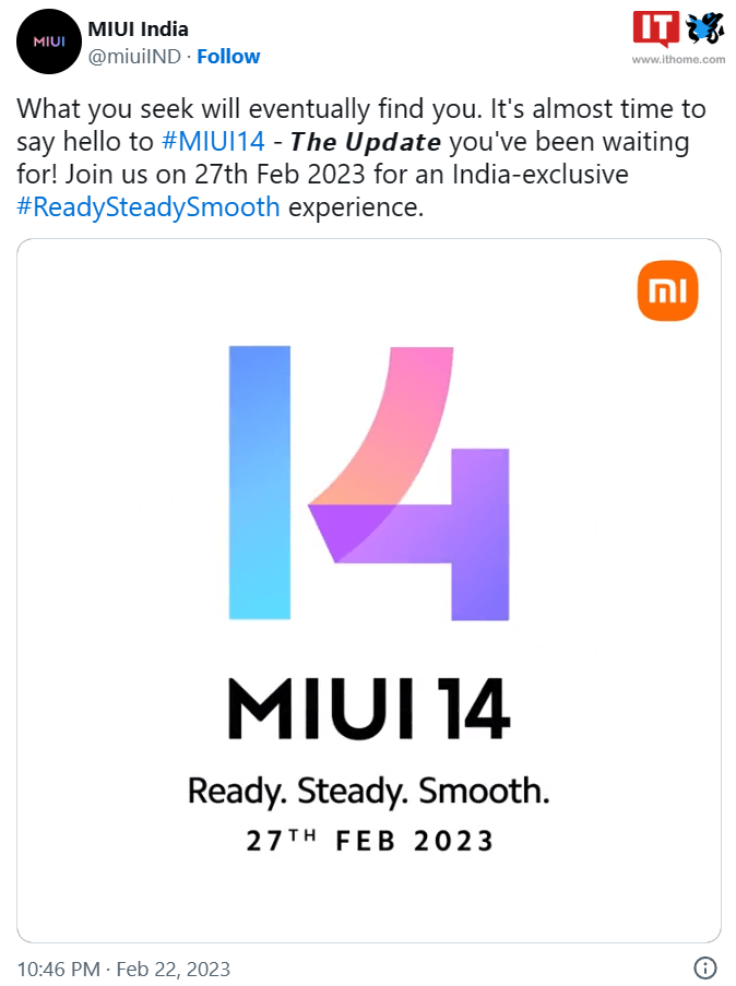 小米将于 2 月 27 日发布 MIUI 14 印度版   拥有印度独占的 Ready.Steady.Smooth. 体验