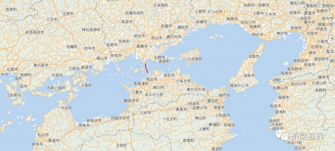 六座桥梁依次为:下津井濑户大桥,柜石岛桥,岩黑岛桥,与岛桥,北备赞