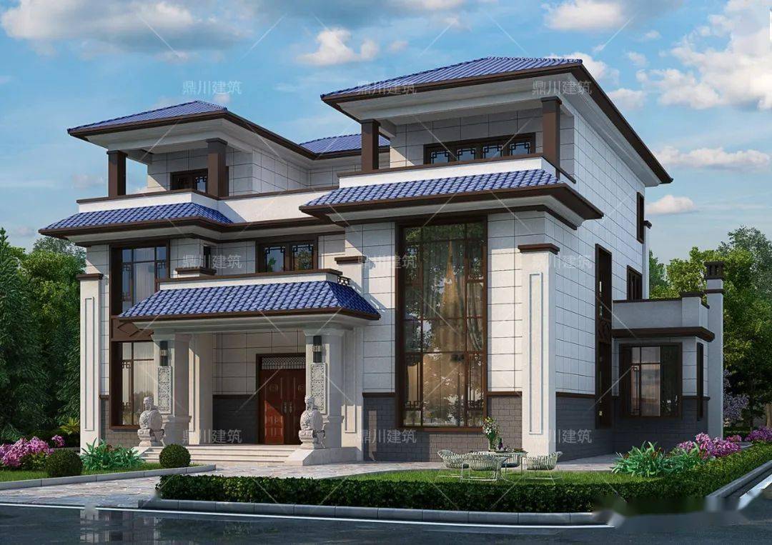 新中式农村别墅 4浅色外墙漆和文化石搭配精美的外墙,简单大方,不失