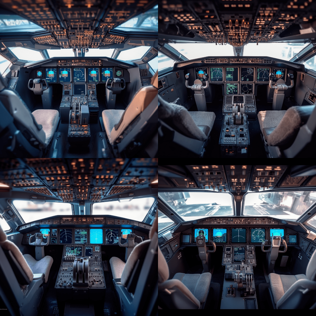 现代的飞机驾驶舱布局,科幻风,拥有一个操作辅助驾驶机器人的智能界面