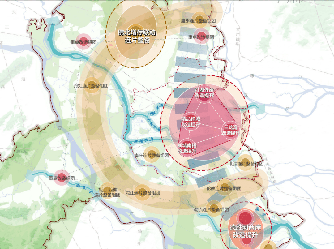 三龍灣改造提升組團,德勝河兩岸改造提升組團(順德大良,容桂),和高明