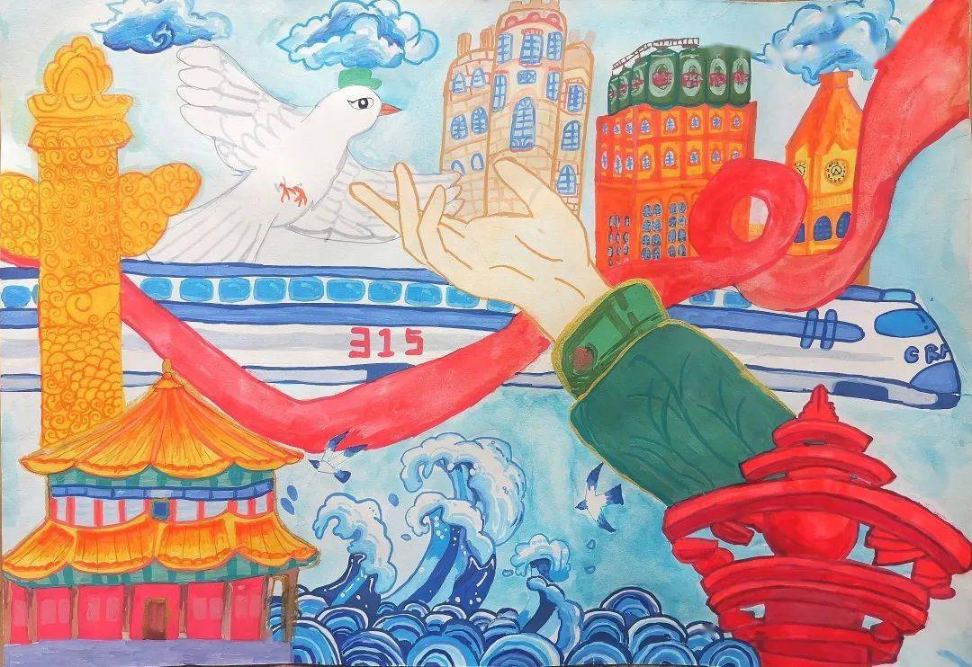 郝荻 二年级7班绘画《加油,中国少年》王程硕 三年级3班绘画《青山