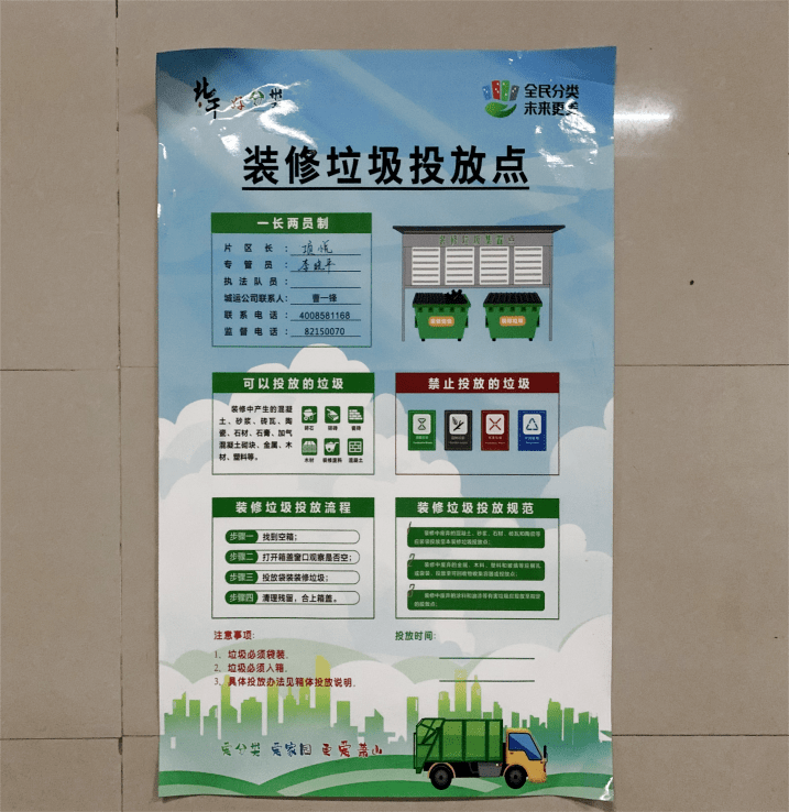 并在醒目位置设立装修垃圾投放点公示牌,明确投放流程,责任人,监督