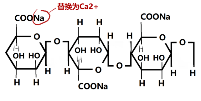 在遇到钙离子时,钙离子与钠离子发生交换,形成海藻酸钙交联网络结构