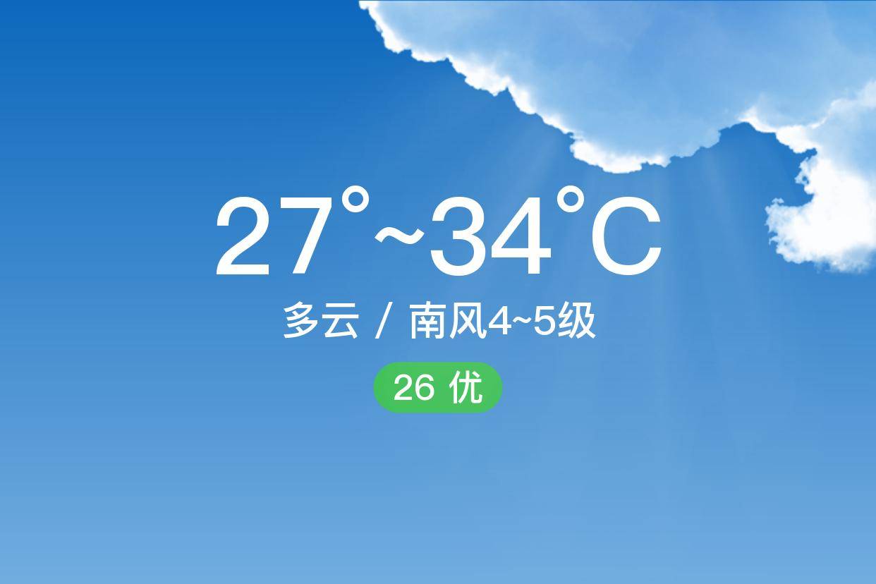 「钦州灵山」7/8,多云,27~34℃,南风4~5级,空气质量优_白天_气温_夜间