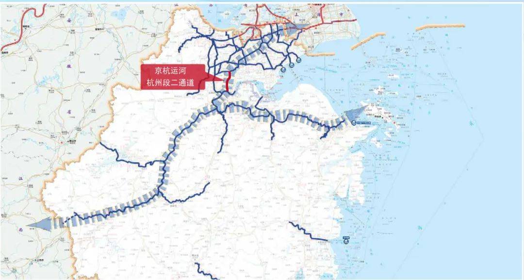 前往上海港或宁波舟山港还可以走杭申线或杭甬运河等前往江苏,山东等