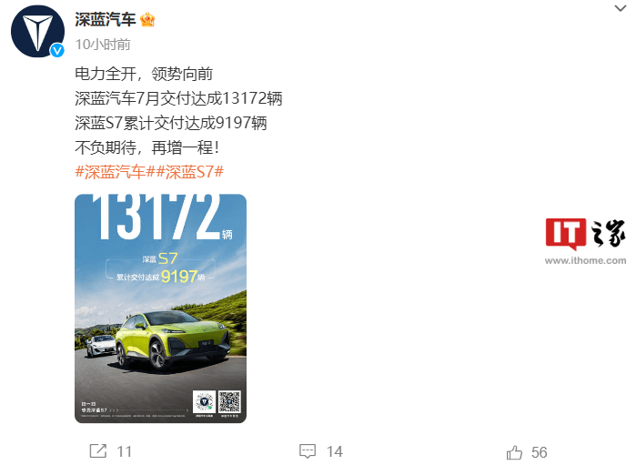 长安汽车旗下深蓝品牌公布7月交付量达成13172辆 S7车型自上市以来累计交付达9197辆