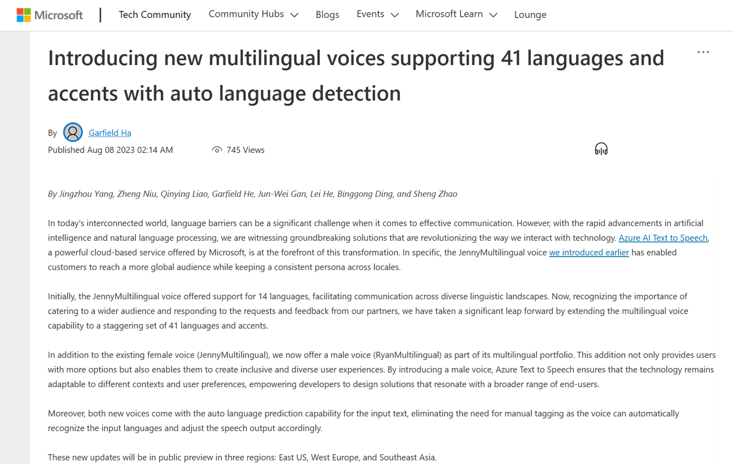 微软宣布将为Azure AI文本转语音功能添加男性声线 以提供给客户更多选择
