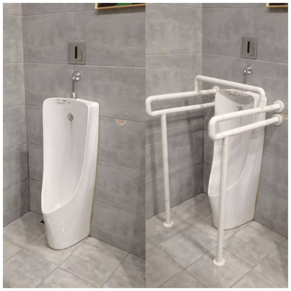 加装了无障碍卫生间,对蹲便器,小便池安装了扶手,打造无障碍如厕环境