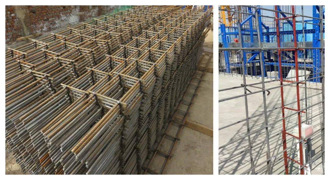 墙钢筋绑扎采用"梯子筋", 钢筋竖向,水平间距控制到位.