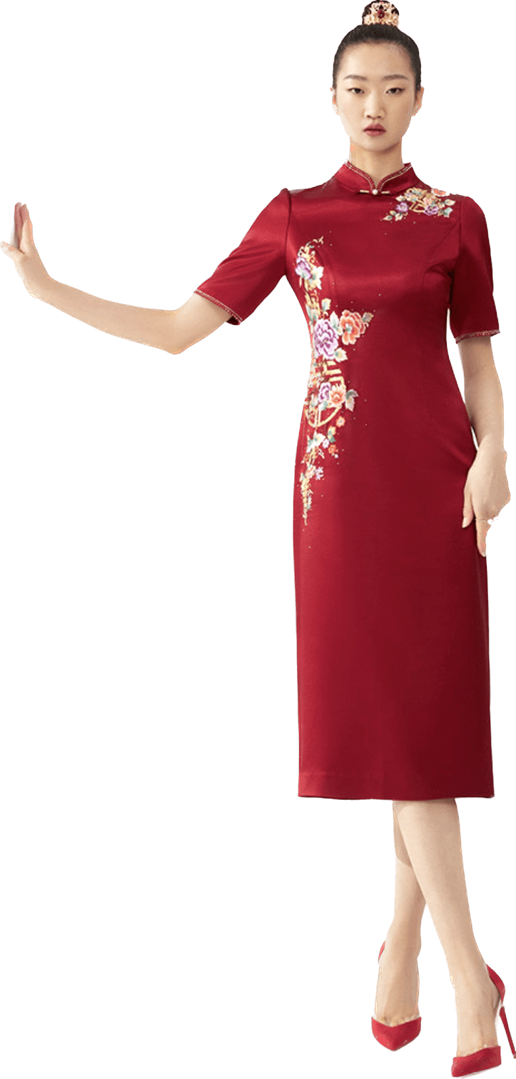 刺绣纹样富贵牡丹加以"双喜"盘绳绣纹样寓意花开富贵,双喜临门旗袍