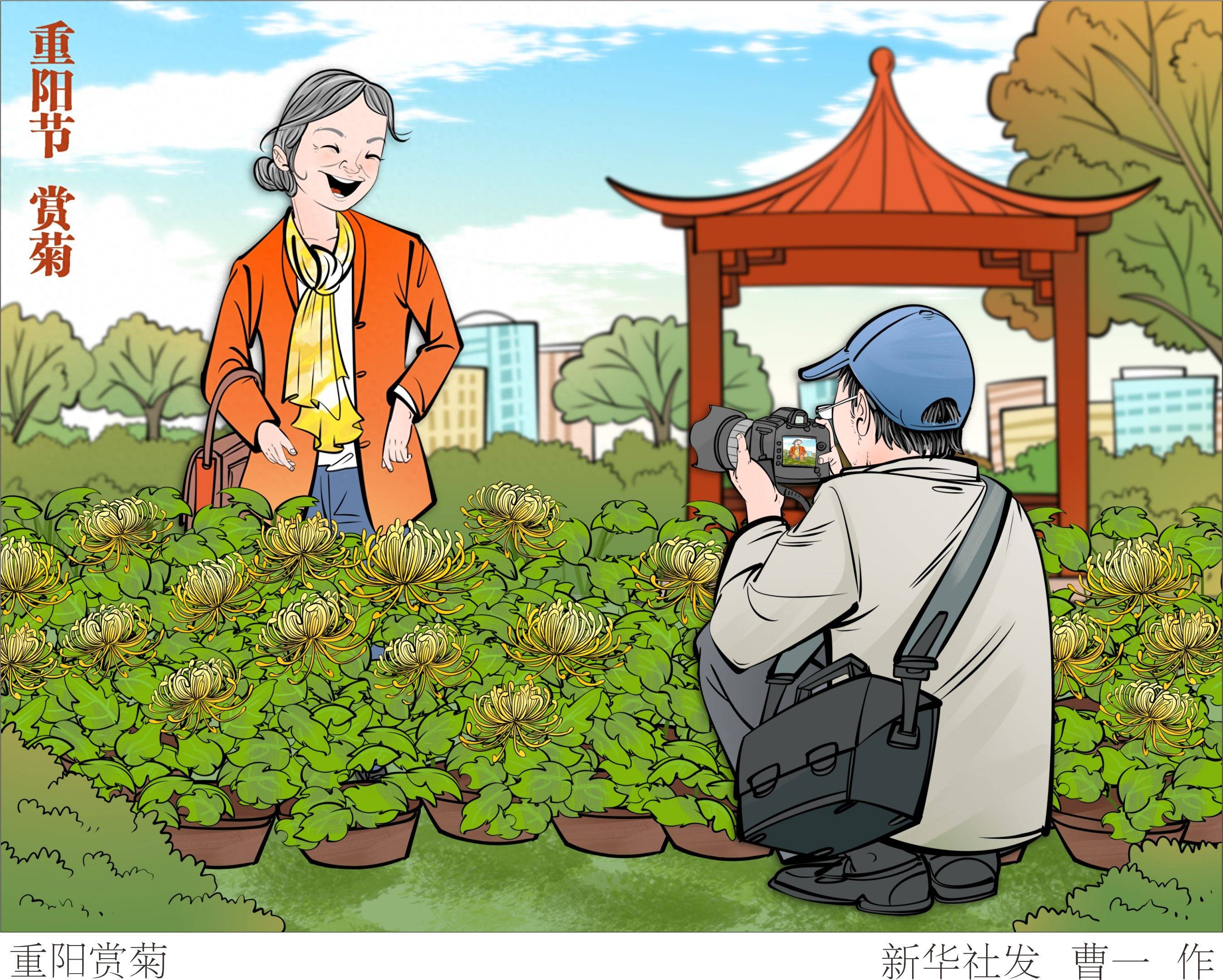 新华社图表,北京,2023年10月22日(插画)重阳赏菊重