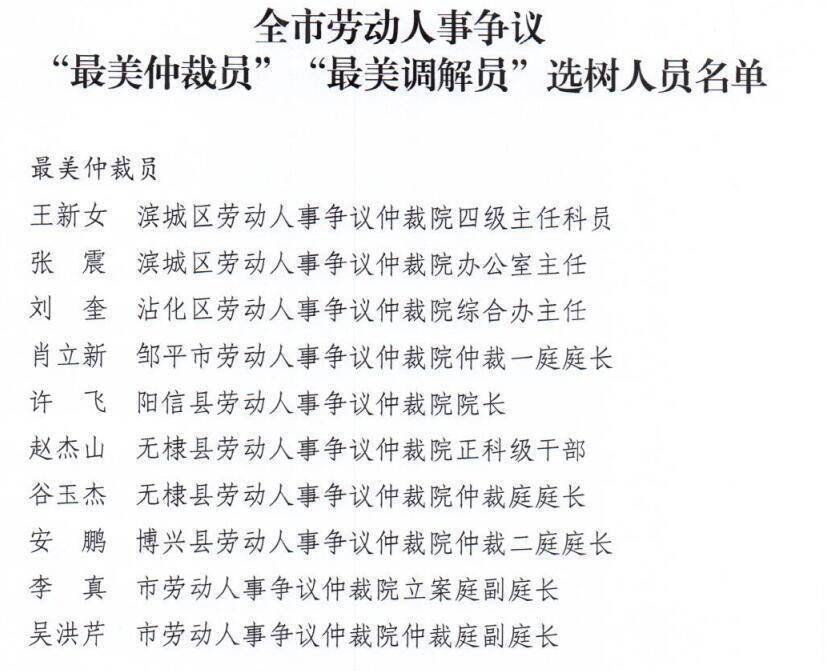 滨州市人社局发布30名“最美仲裁员”“最美调解员”