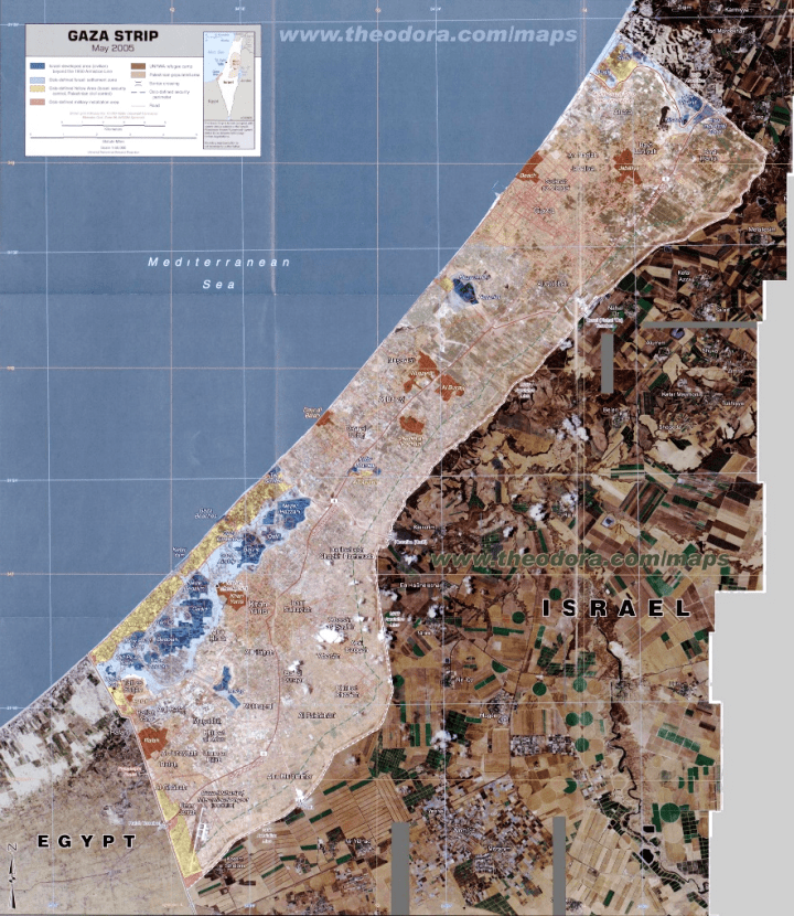 巴勒斯坦加沙地带卫星遥感图(2005年5月,据互联网资料)加沙地带形势图