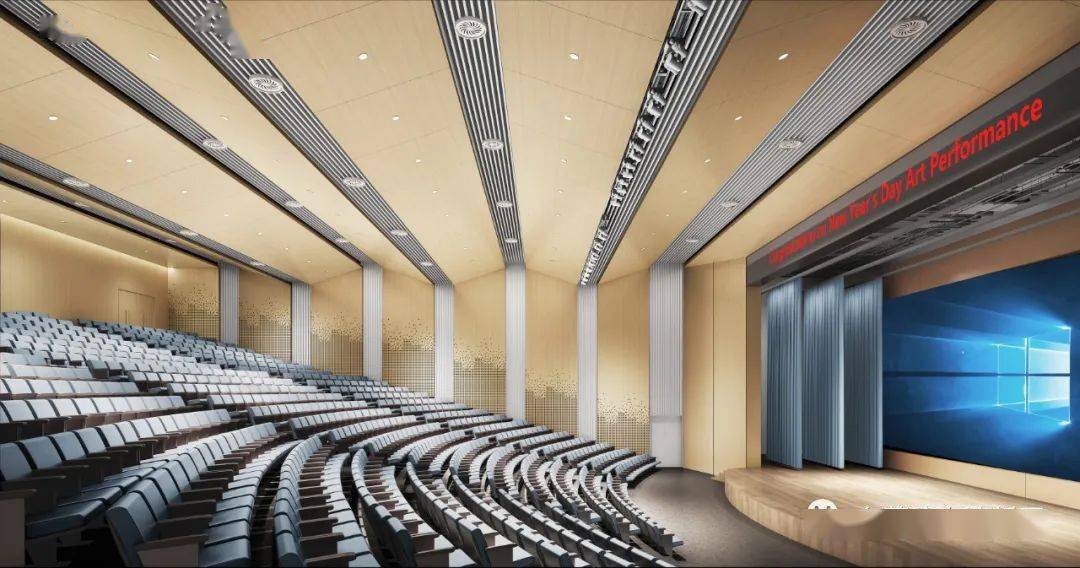 大报告厅效果图报告厅设计容纳人数为800多人天花板和墙面采用吸音板