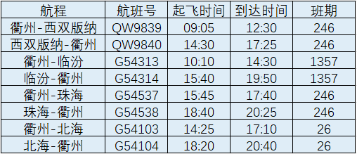 衢州飞机时刻表