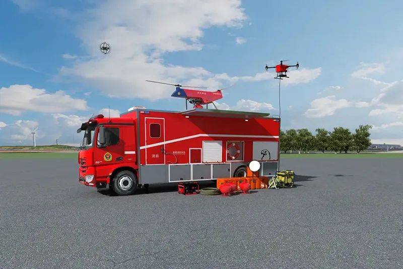 该装备由大载荷无人机,系列灭火及应急救援功能挂载模块和运输保障