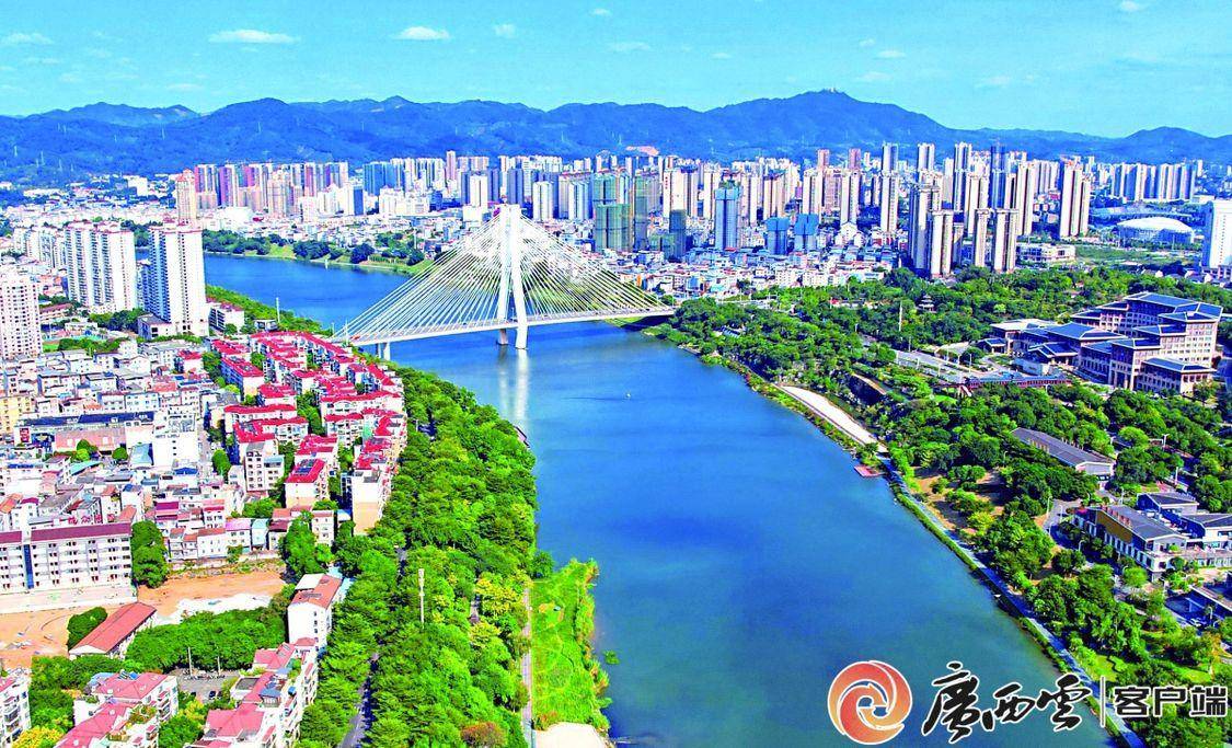 百色市右江两岸绿意盎然,与城市建筑相得益彰.