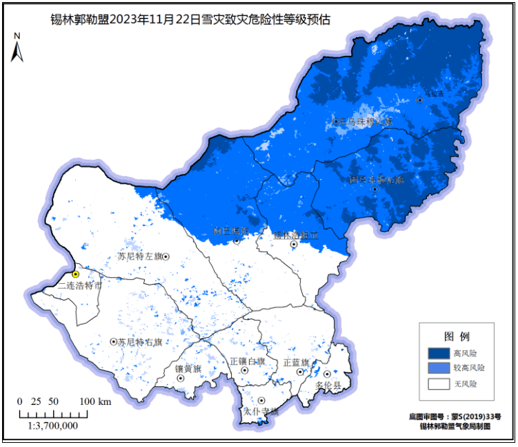 穆沁旗東北部,西烏珠穆沁旗東部為致災危險性高風險地區,錫林浩特北部