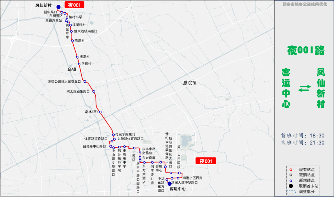 原k001夜,增加人民醫院公交站點,同時延伸至烏鎮鎮區,東柵及西柵景區