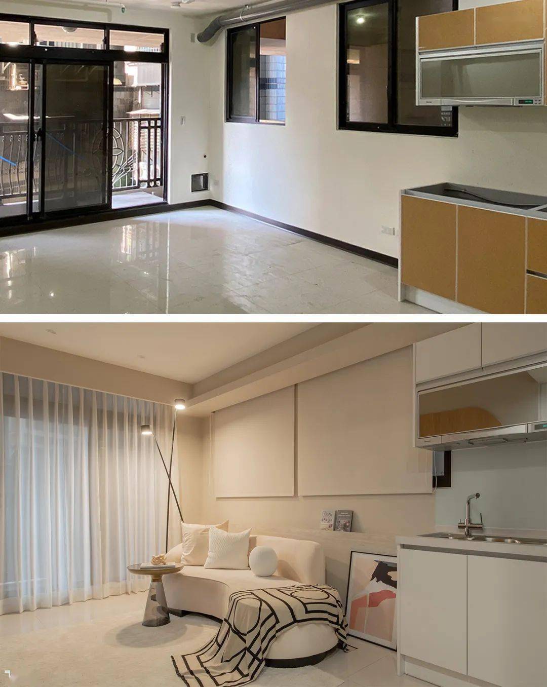 相同手法也一并结合窗帘盒,层板灯隐藏之针对天花上复杂的厨房排烟管