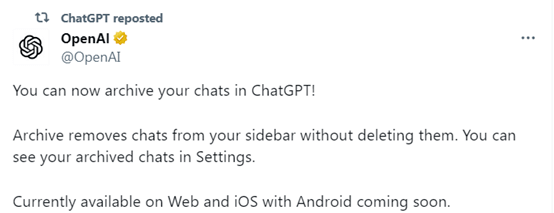 ChatGPT新增聊天存档功能，可构建自己的聊天数据库