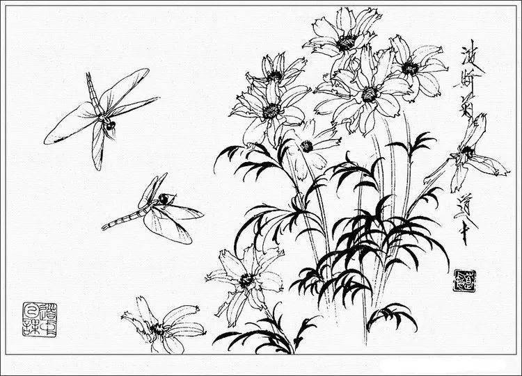 素材| 一组王道中白描花卉草虫画谱35图
